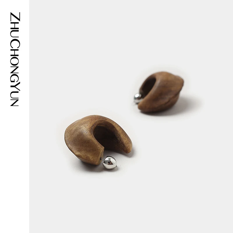不锈钢木质耳饰 ZHUCHONGYUN2025春新款金丝楠木耳环C2FZ1006E
