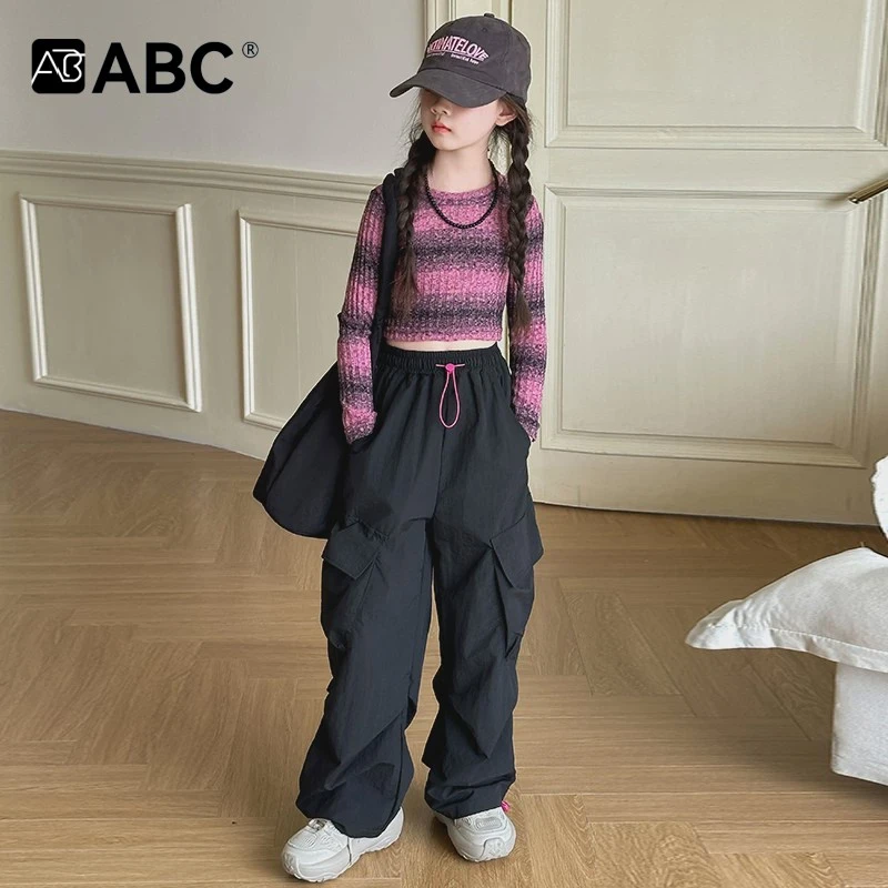 ABC女童工装裤秋季2025新款儿童洋气阔腿裤中大童秋装网红宽松街