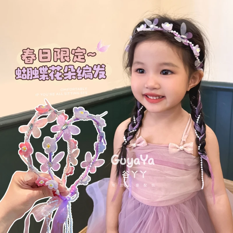 儿童小清新蝴蝶花环飘带发箍新款女孩甜美中国风编发头箍女童发饰