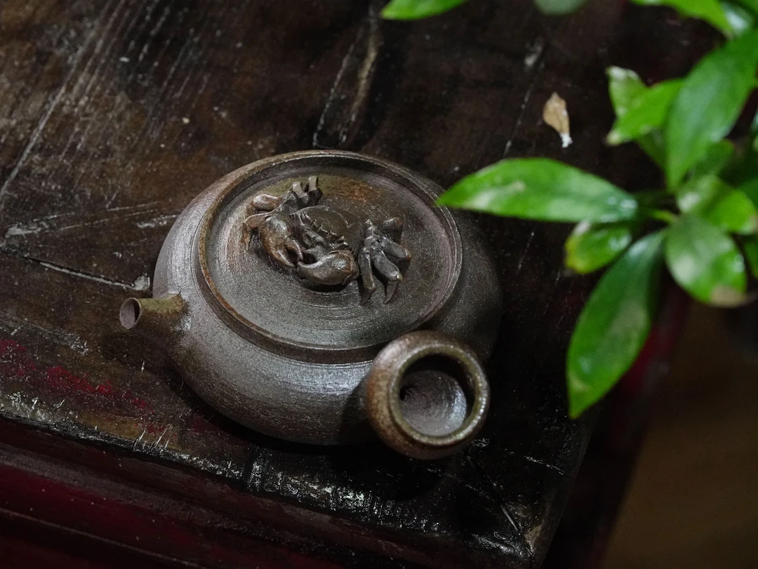 【精雕螃蟹】纯手工螃蟹侧把泡煮两用壶迷你酒精炉诧寂风