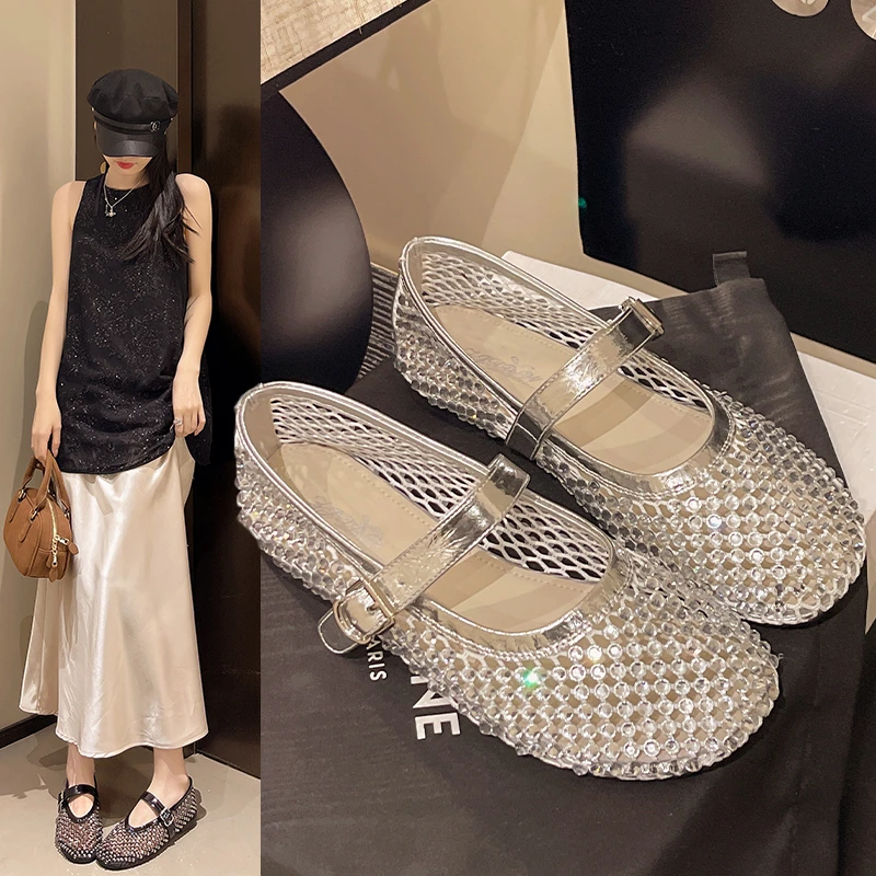 水钻网面透气平底玛丽珍单鞋女夏季2025新款芭蕾舞温柔晚晚鞋凉鞋