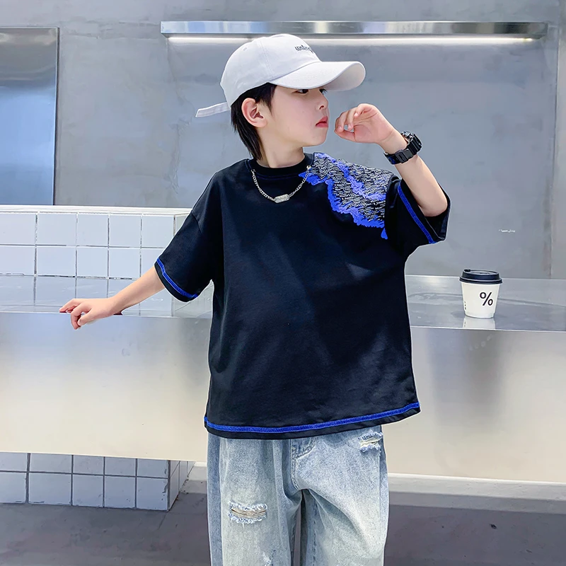 男大童夏季潮牌撞色短袖2025新款夏痞帅宽松纯棉薄T恤K242TX4270