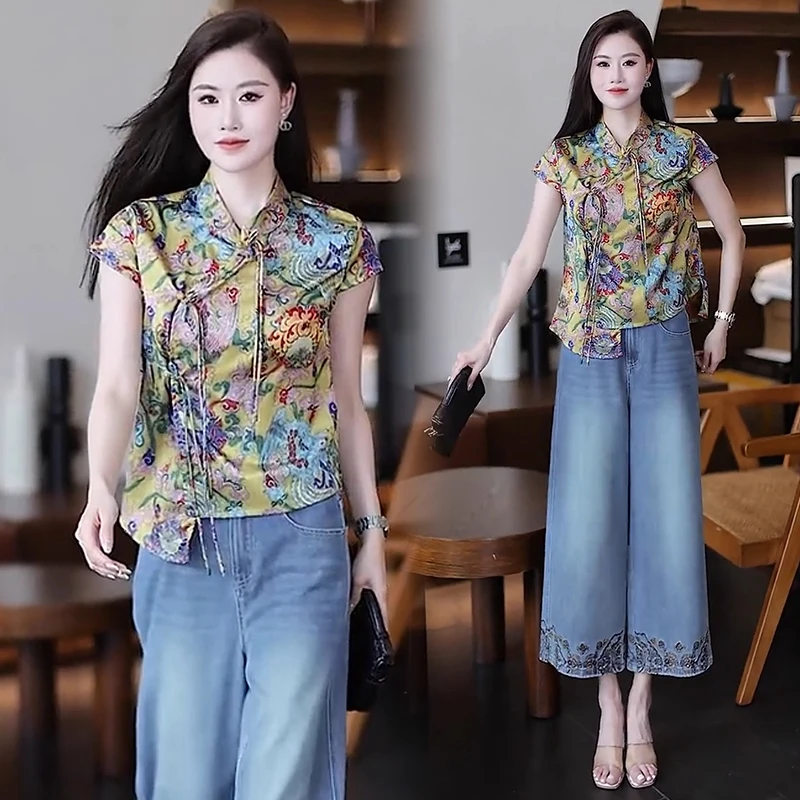 新中式时尚套装女2025夏季新款洋气国风盘扣衬衫牛仔阔腿裤两件套