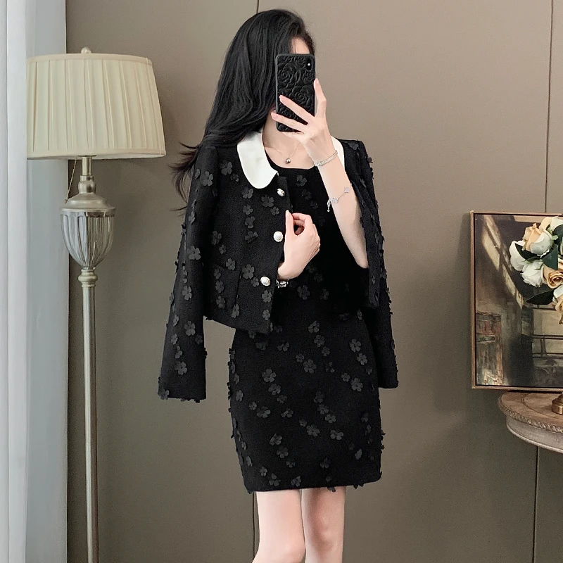 2025春秋时尚套装气质时尚高腰小香风上衣连衣裙粗花呢法式黑色套