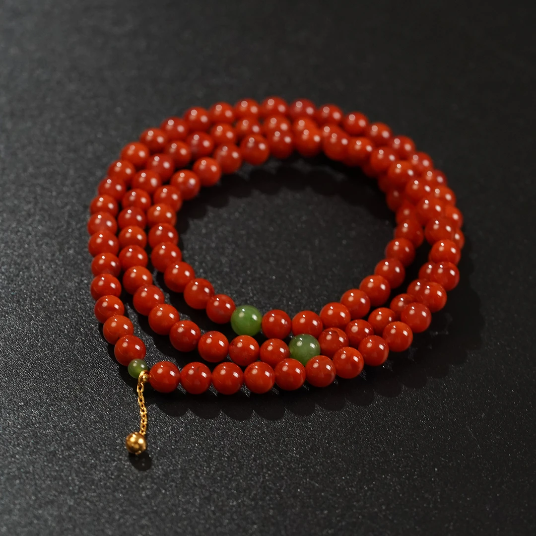 【凤鸣珠宝】天然南红牛血红火焰纹18K金镶精美项链S-125三圈手串