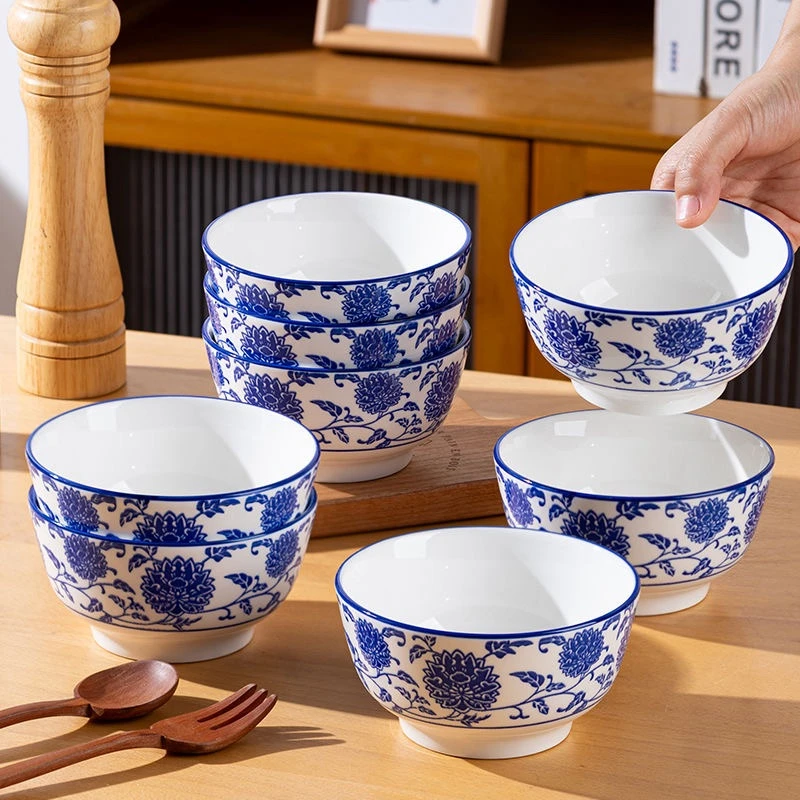 【萌姐专属】青花10个装5英寸陶瓷碗家用大号米饭碗釉下彩高颜值碗