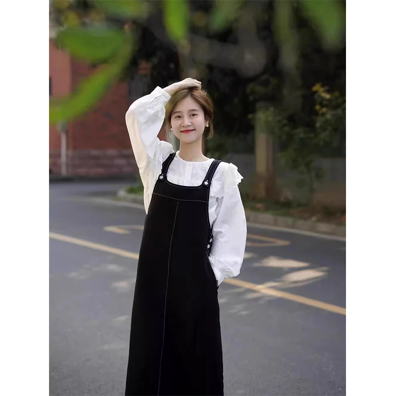 小个子韩版2025春秋新款盐系别致显瘦学院风宽松背带裙时尚减龄