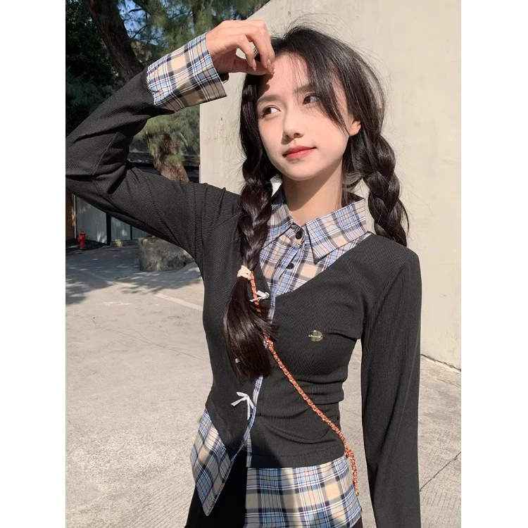2025新款设计感假两件格子拼接T恤女春季学院风收腰显瘦长袖上衣