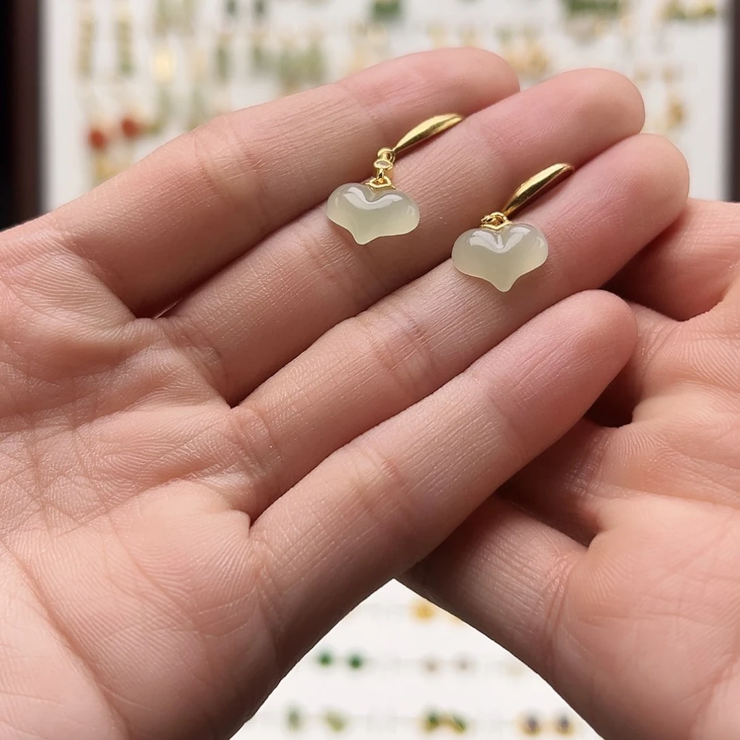 银S925镀金镶嵌和田玉耳饰