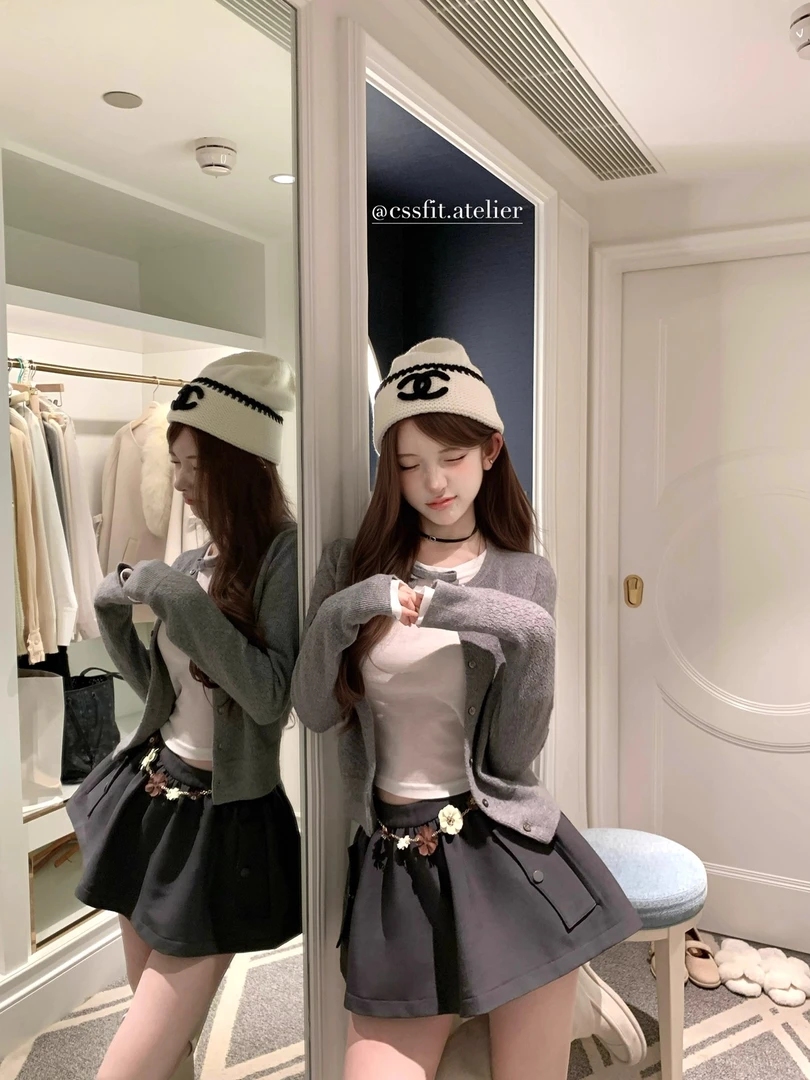 秀场新贵  早秋季新款慵懒风时尚气质长袖开衫/花朵腰链半裙