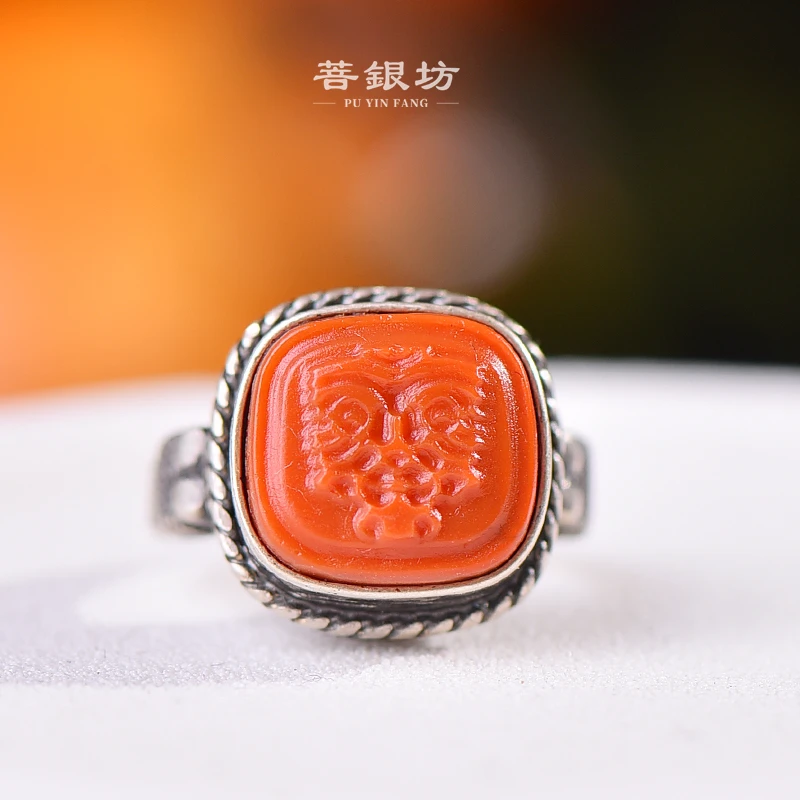 【菩银坊】925银南红扎基拉姆方糖戒指，圈口可调