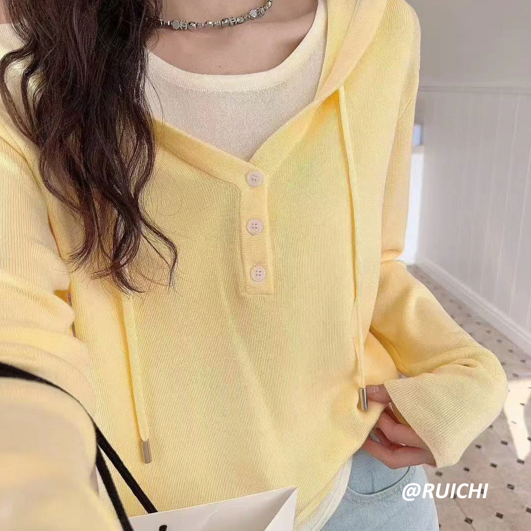 小心机穿搭~告别穿搭烦恼韩系针织连帽假两件上衣2025新款