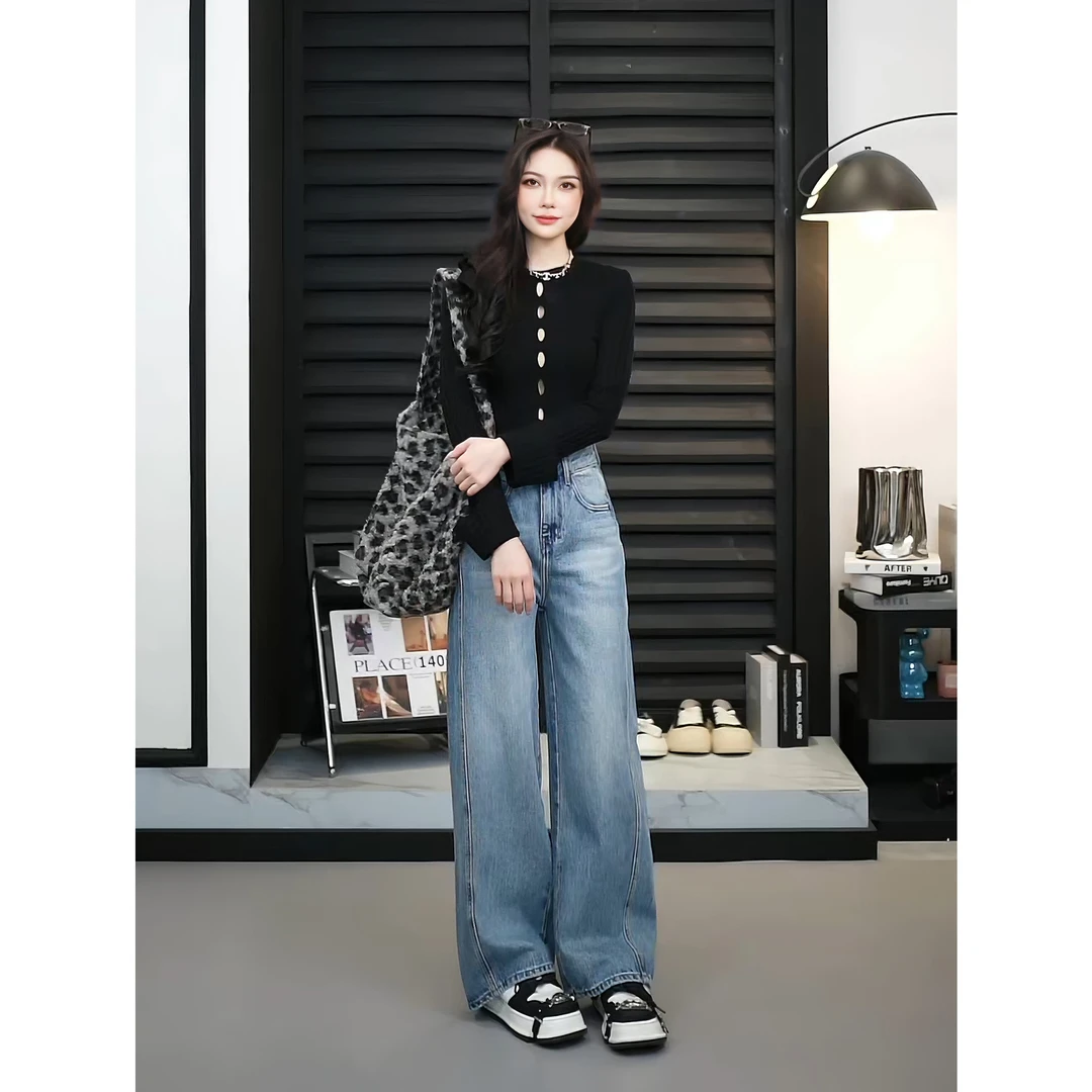 【TO&HR.GIRL】TFC053A-蓝色阔腿牛仔裤宽松慵懒松弛直筒拖地裤女装