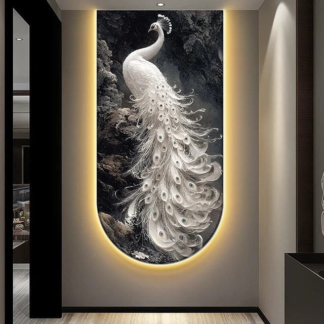 孔雀呈祥玄关装饰画立体浮雕入户带灯壁画高级感楼梯走廊过道挂画