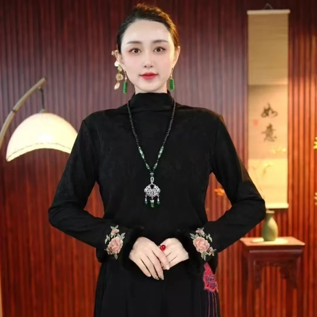 【牡丹】2025秋冬新款刺绣小衫 加绒打底衫 国风长袖上衣