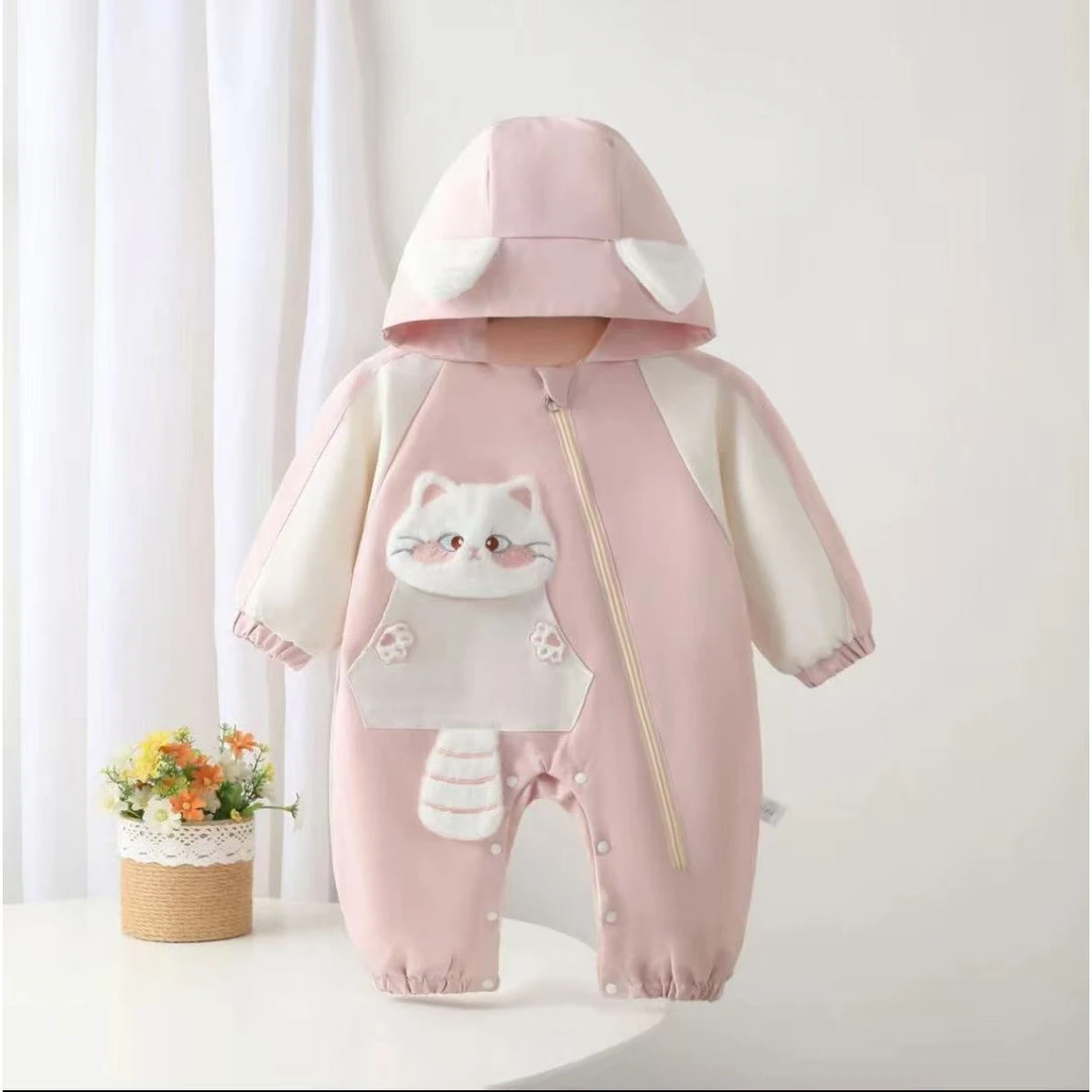 秋冬款婴幼儿加绒冲锋衣猫咪连体保暖爬服