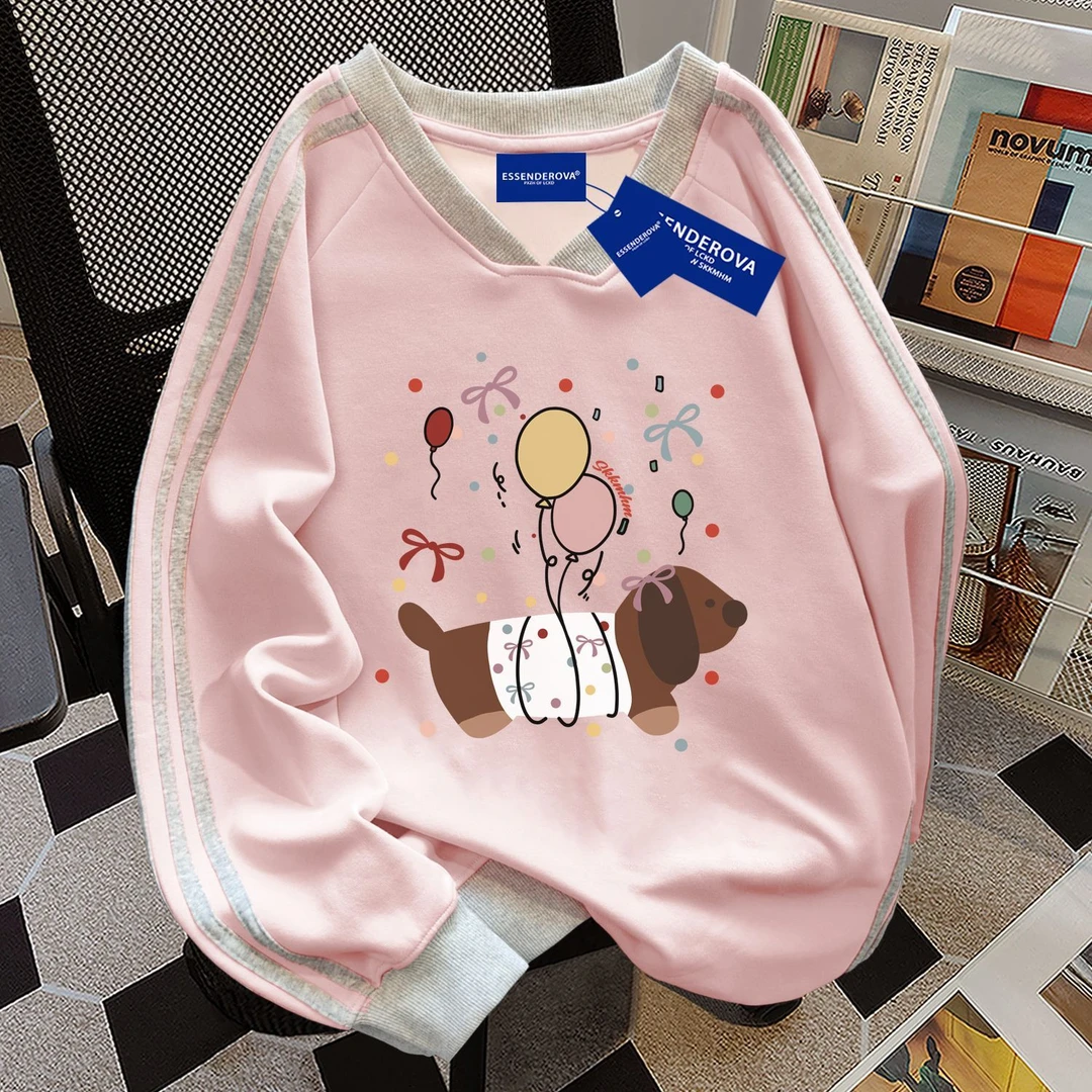 日系小众简约趣味拼接V领卫衣女秋冬季宽松显瘦加绒加厚休闲上衣