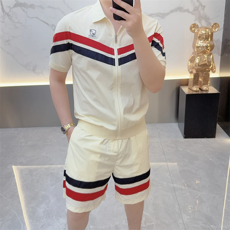 度尚-2025夏季新款潮牌男士时尚休闲连帽套装潮流拼色休闲短袖