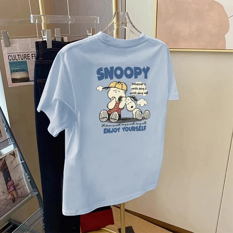 2025夏季新款宽松百搭设计感纯棉蓝色短袖t恤女小众卡通印花上衣