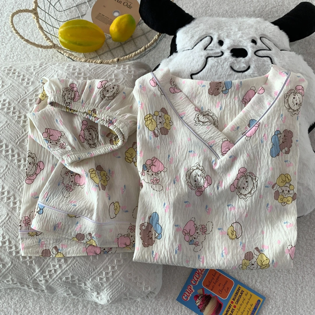 【甜美卡通印花】可爱少女睡衣女云朵棉宽松休闲V领短袖短裤家居服