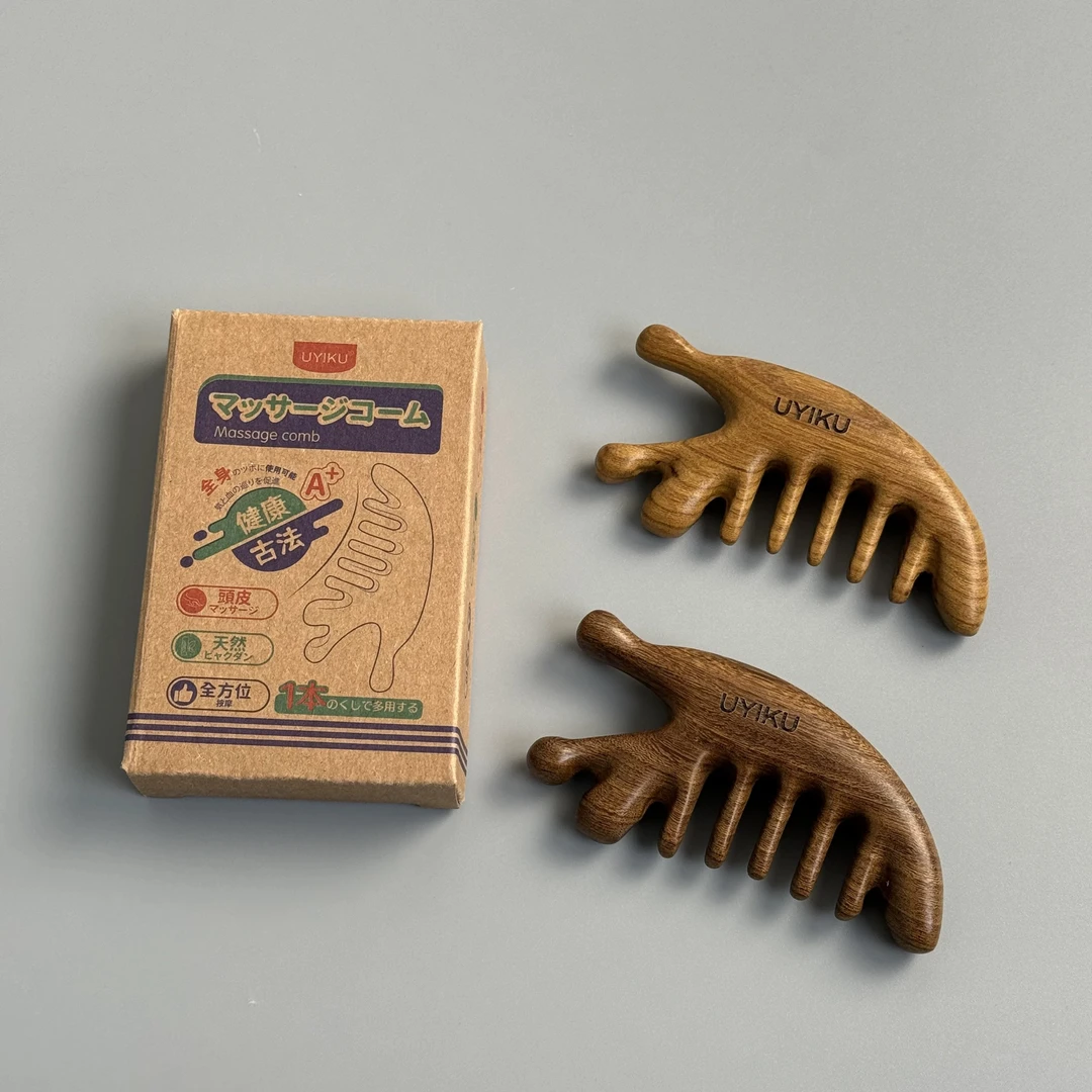 UYIKU出口 天然檀木经络按摩梳 头皮脸部穴位疏通经络刮痧板便携