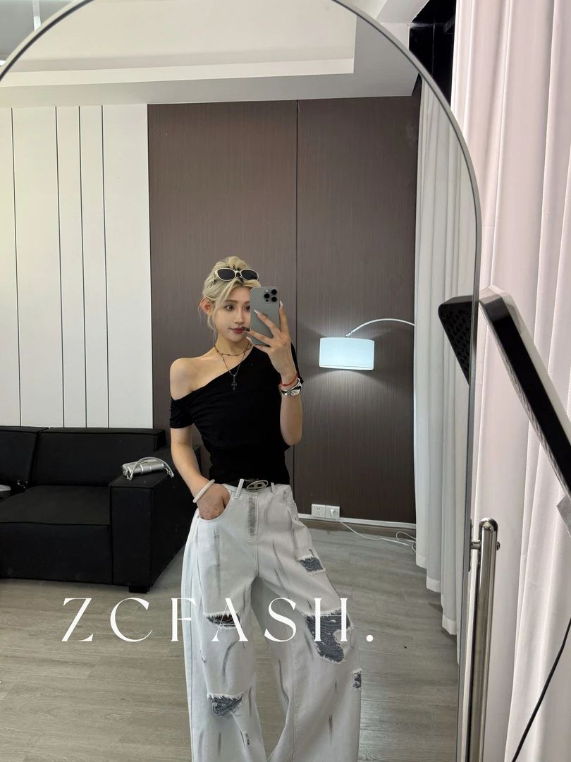 ZC-[夏季新款]斜肩收腰设计短袖上衣