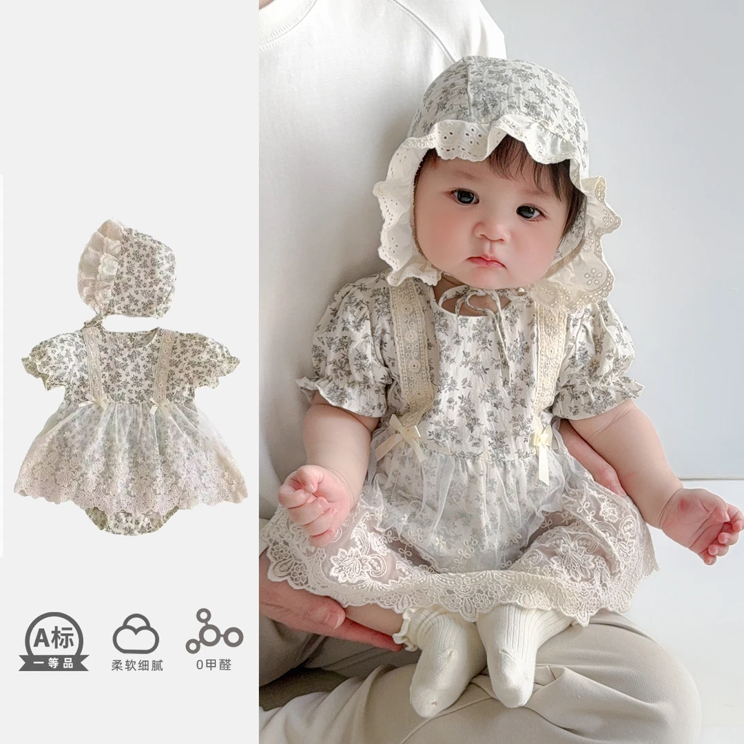 婴儿包屁衣夏装纯棉女宝宝长袖蕾丝碎花哈衣百天周岁公主礼服哈裙
