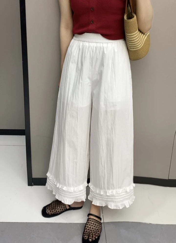 2025春季新款韩版高腰显瘦休闲裤女九分裤木耳边拼接阔腿裤
