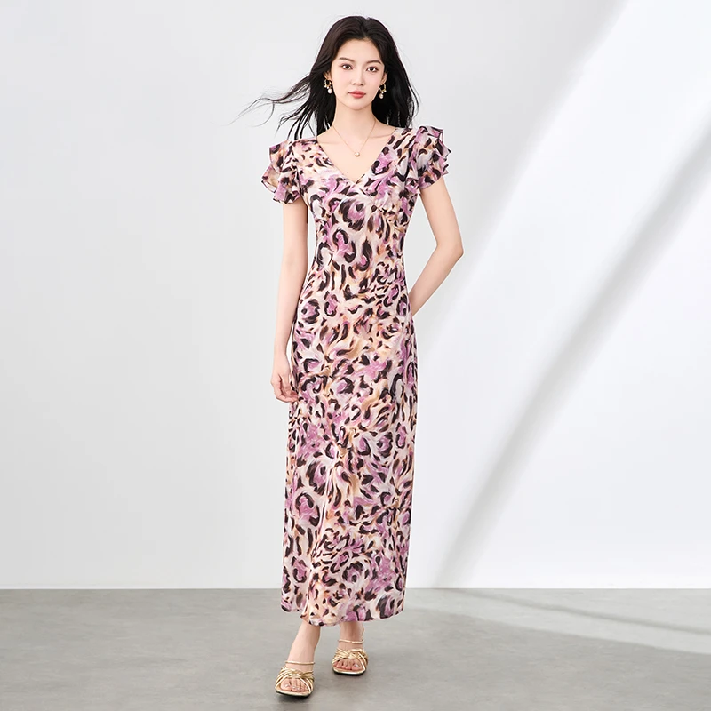 娇俏豹纹100桑蚕丝气质V领真丝印花荷叶边袖连衣裙女人味碎花显瘦