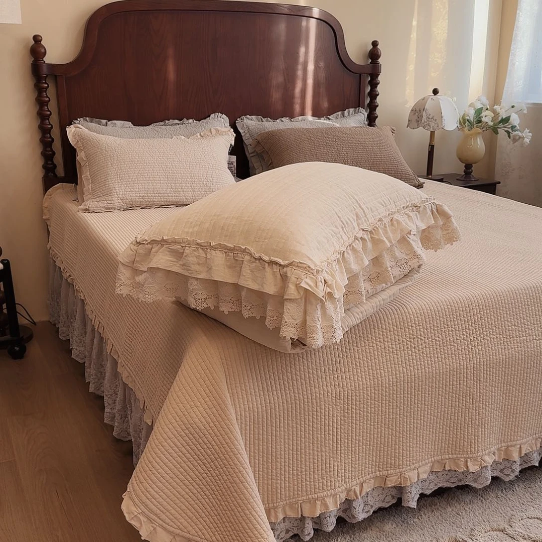 棉棉麻花边床盖三件套