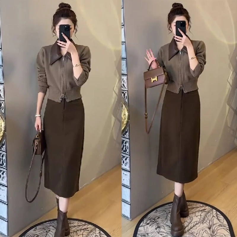 2025秋冬新款女装今年流行高级感针织毛衣外套高腰半身裙两件套