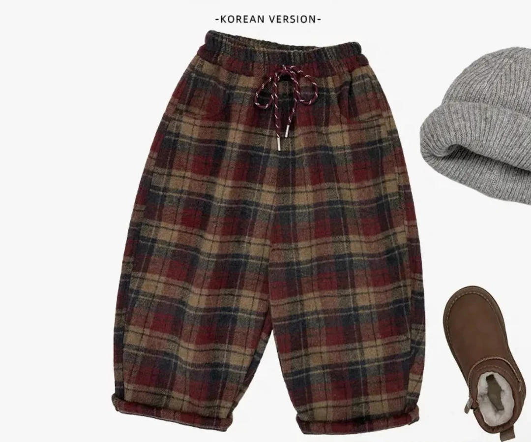 新款男女童新年款加绒加厚韩版休闲格子裤时尚宽松百搭裤子