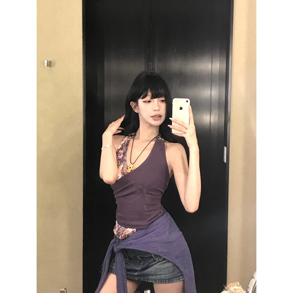 双色不规则镂空网纱针织上衣+不规则紫拼接修身显瘦上衣