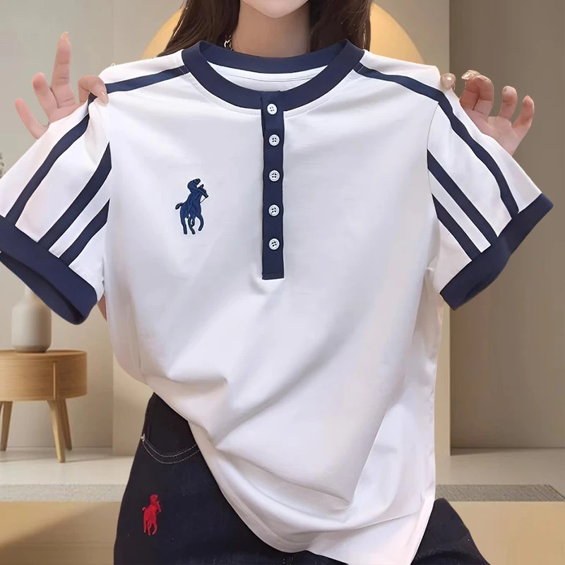 设计感撞色翻领短袖t恤女款2025夏季新款宽松显瘦胖mm纽扣上衣ins