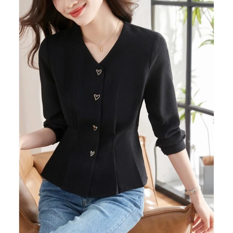 v领洋气黑色衬衫女长袖2025秋冬新款时尚气质小衫感收腰短款上衣