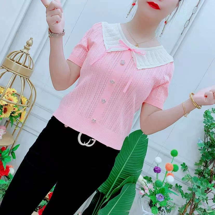 法式撞色蝴蝶结娃娃领短袖针织衫女夏季甜美减龄洋气短款显瘦上衣