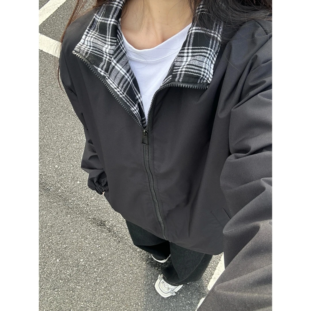 美式cleanfit格子拼接夹克男款春季复古情侣装外套宽松翻领棒球服