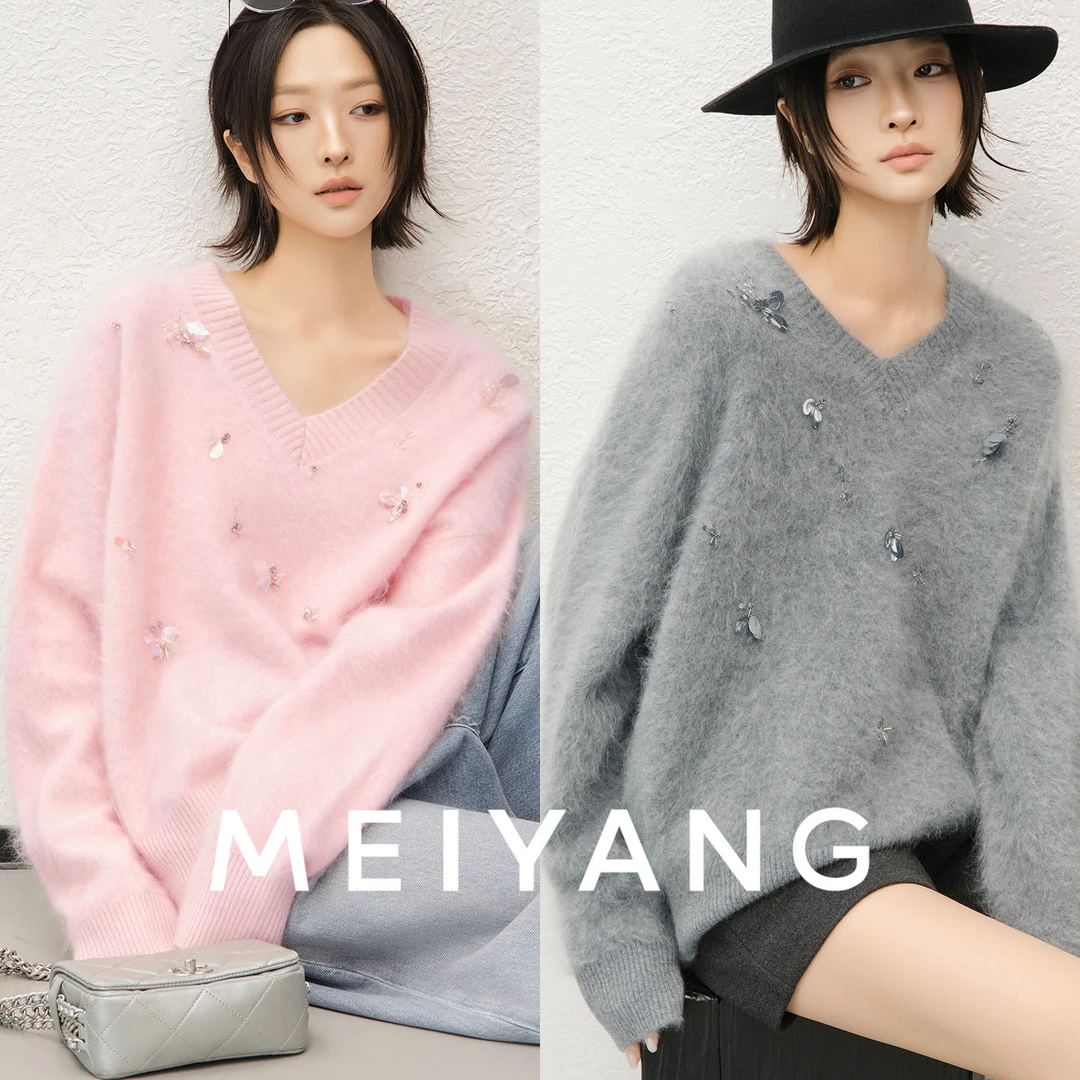 【新品】美洋MEIYANG 蝶息羊绒衫 宽松V领蝴蝶装饰针织衫-周四