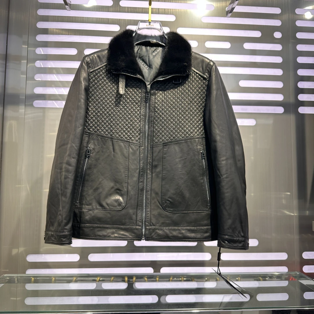 真皮羽绒服男士短款水貂领山羊皮（23327）