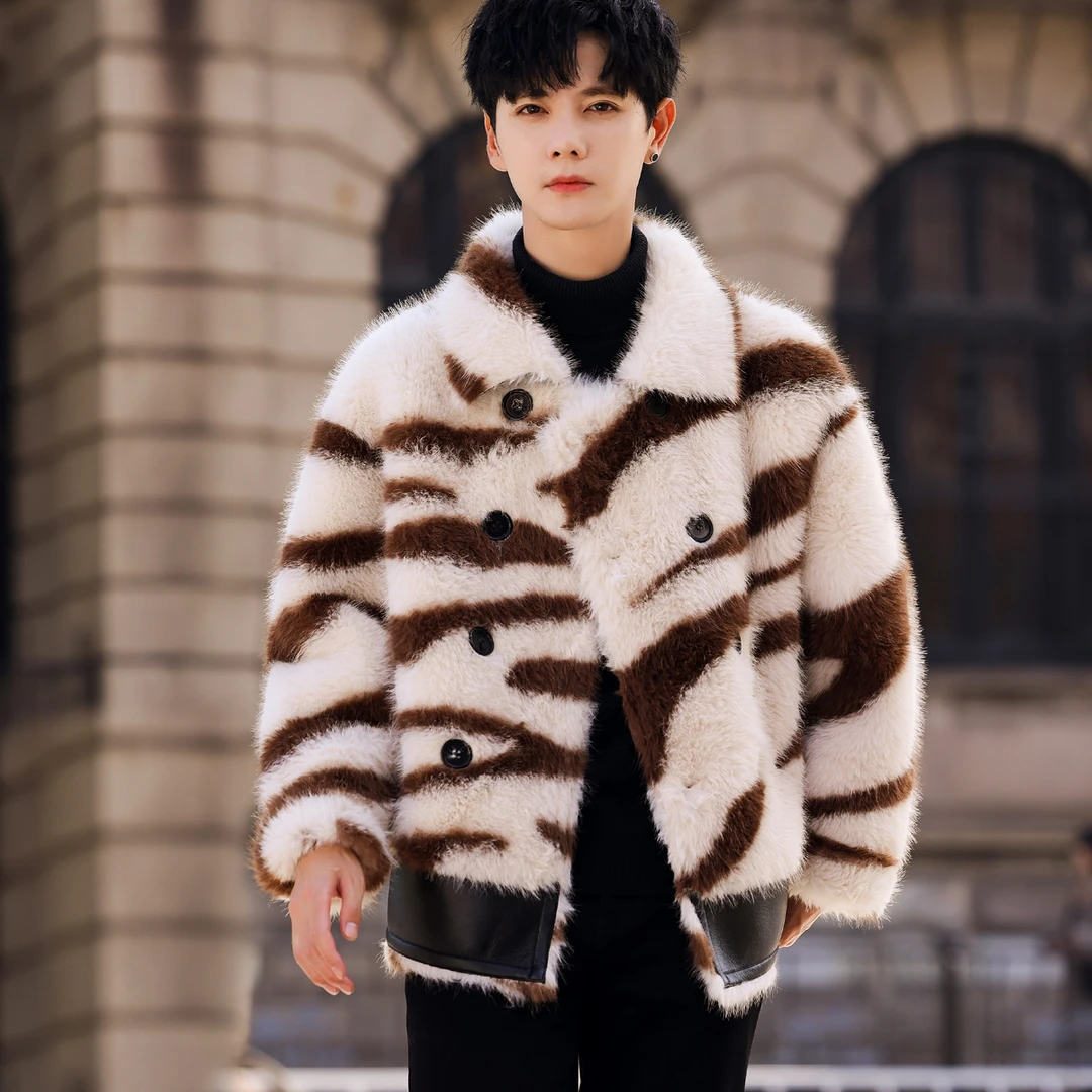 tangtuan/唐团海宁冬季男士貂绒外保暖加厚潮流夹克豹纹秋冬韩版