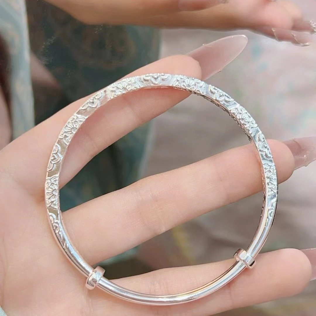 足银手镯 雪银银匠/足银推拉四方宝相花银手镯实心