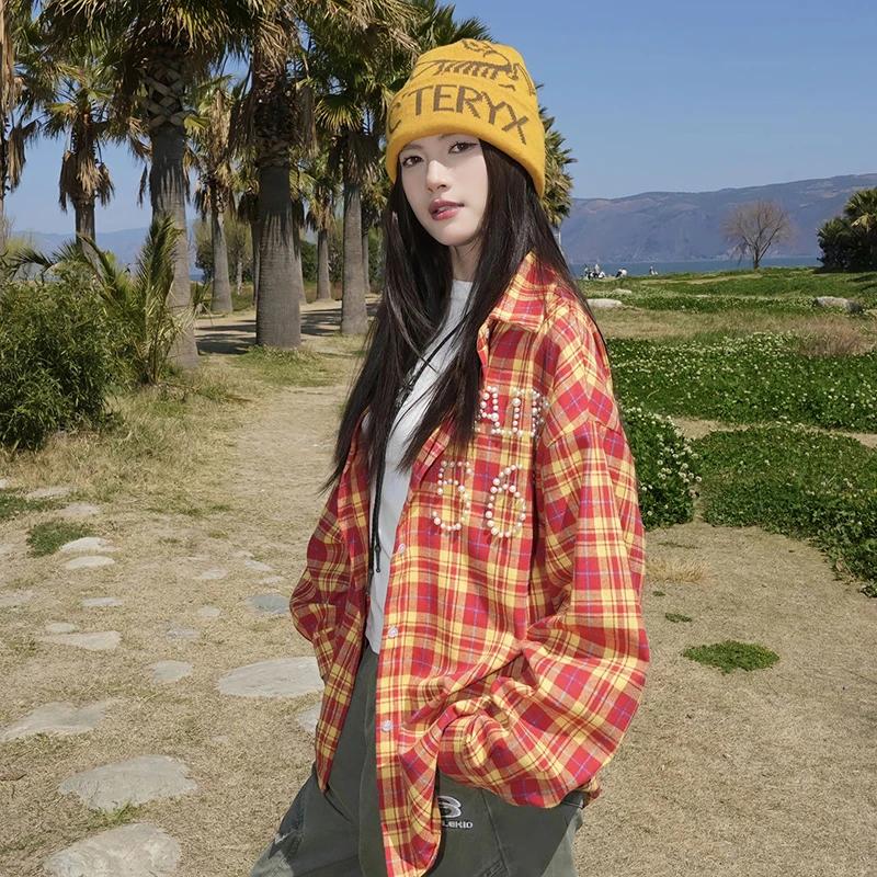 长袖衬衫格子外套立体珍珠钉珠字母格纹复古春季慵懒风高级感衬衣