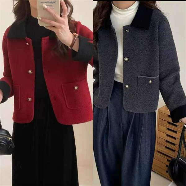 【巴韩】玲姐家3685小香风设计感撞色翻领双口袋宽松显瘦百短款外套