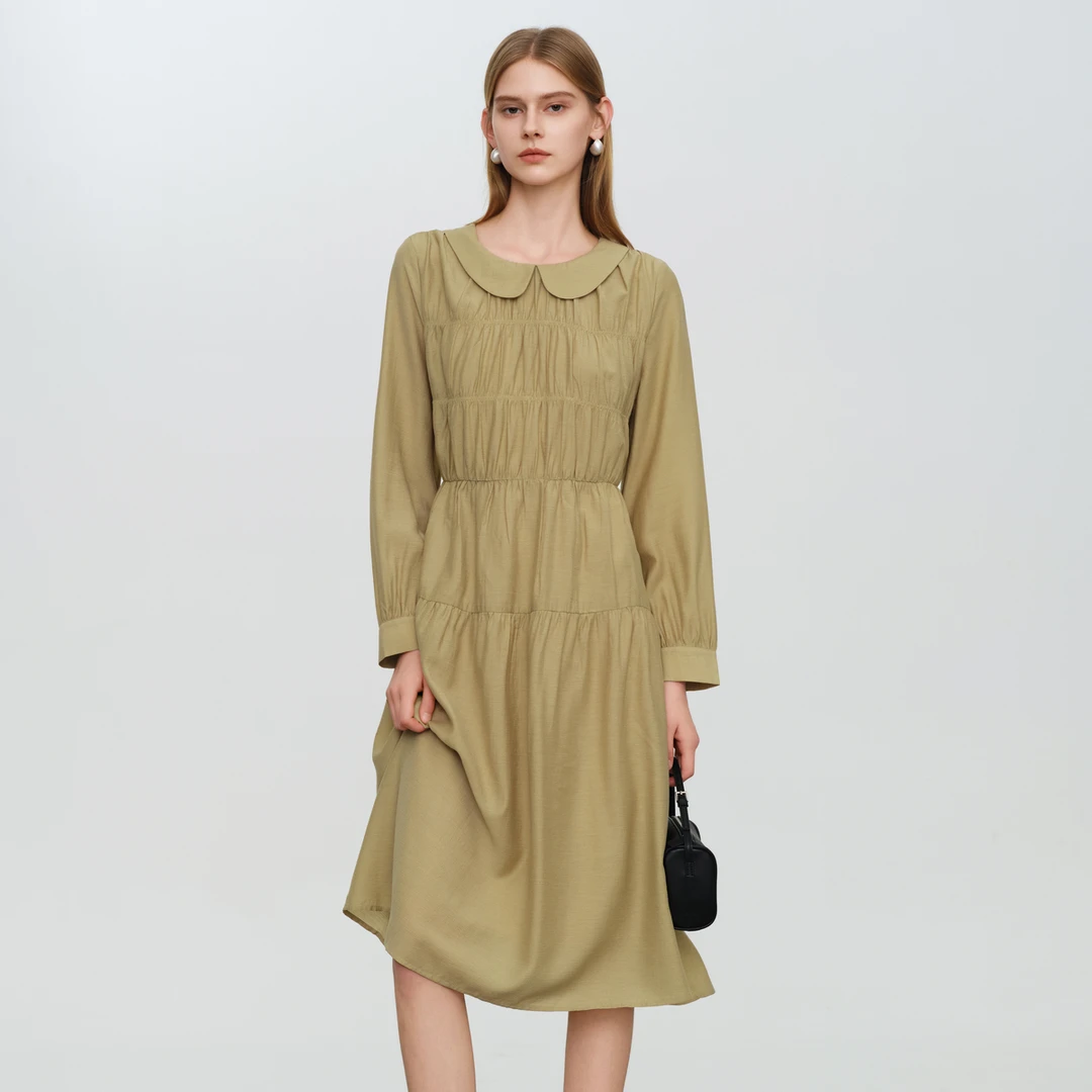 【商品】Elva' Island复古绿色娃娃领连衣裙女休闲显瘦长袖裙子