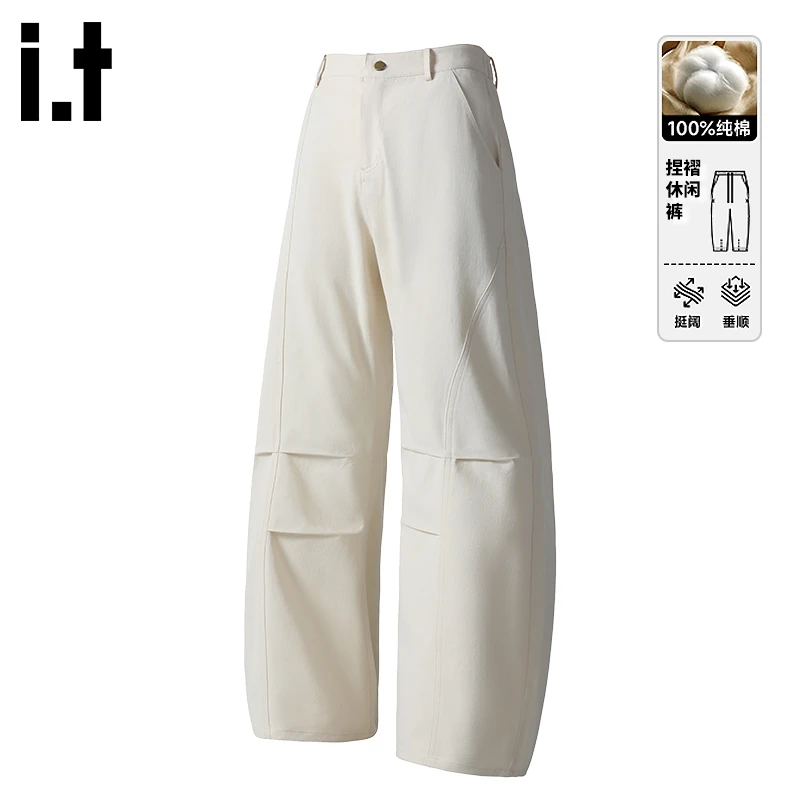 i.t izzue美式街头设计感穿搭工装阔腿裤秋季宽松百搭捏褶长裤子