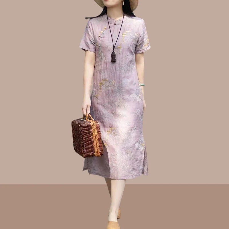 国风重工刺绣改良旗袍女气质立领短袖清雅质感新中式连衣裙夏季