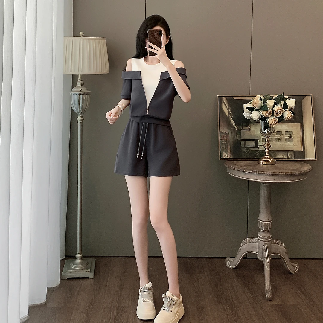 夏日穿搭显瘦洋气时尚休闲运动假两件露肩短袖短裤两件套装女爆款