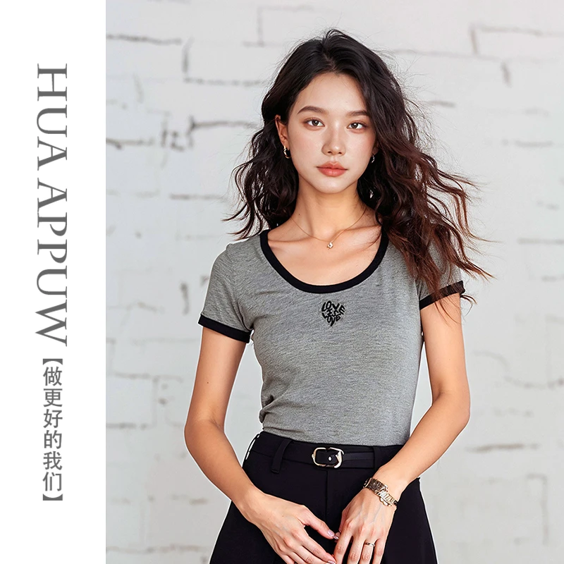 画朴休闲风设计感刺绣拼接撞色U领短袖2025夏季新款百搭纯棉T恤女