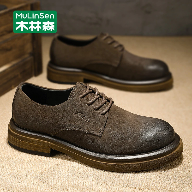 木林森皮鞋男款2025新款春秋复古商务户外休闲软底男士低帮工装鞋