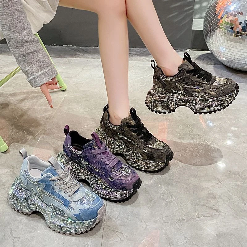 【商场撤柜】欧货牛仔布水钻厚底老爹鞋女秋季新款增高休闲运动鞋潮